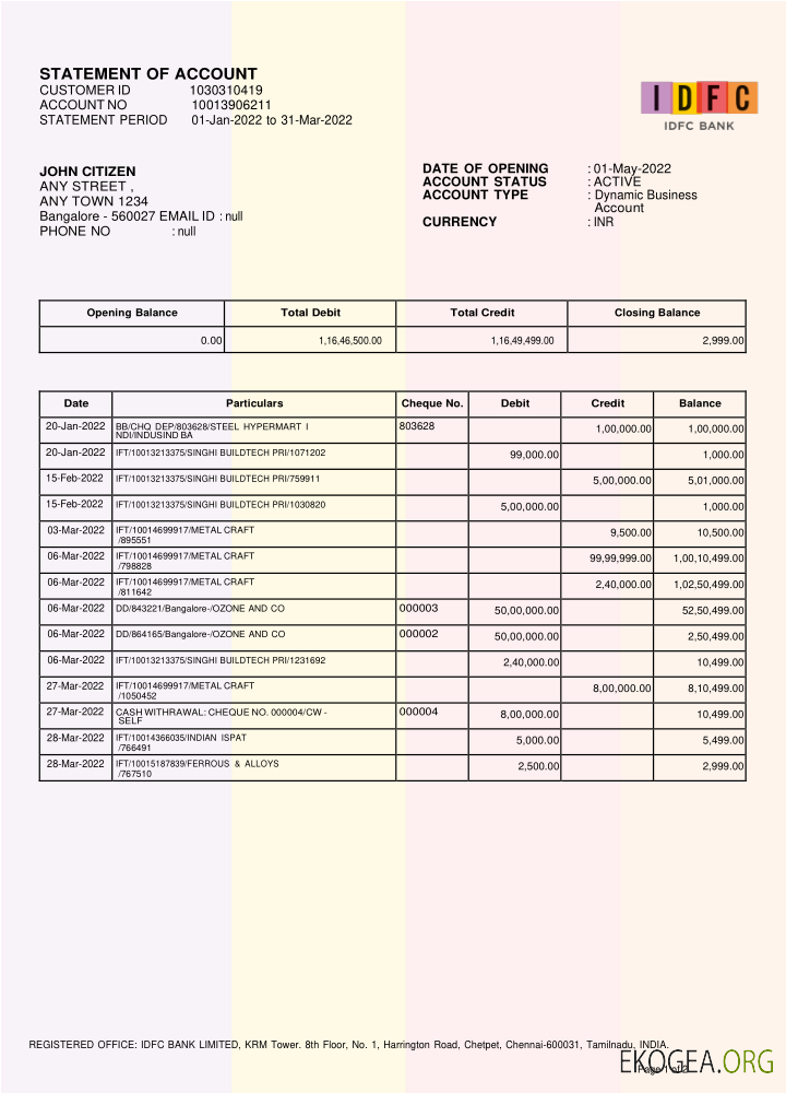 INDE Modèle de relevé bancaire IDFC First, format Word et PDF, version 2